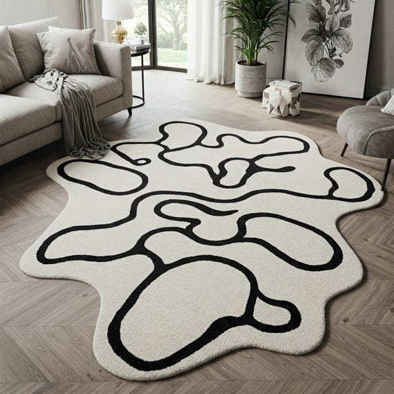 Modern Hand tufted rug Black and White Irregular Outline Abstract Rug for Living room 5x7, 6x9 Unique shaped blob design Handmade wool rugs