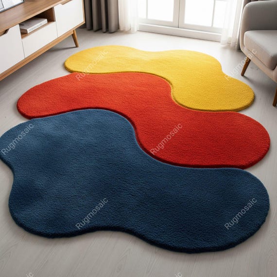 Blue Red Yellow Irregular Abstract Hand Tufted Vibrant Wool Area Rugs for Kids Room, Modern Organic Shape Wavy Design Soft Living Room Rug