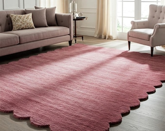 Scalloped Edge Warm Pink Tufted Rug Irregular Solid Plain Rug for Living room, Handmade Custom Large Area Wool Rugs 5x8, 6x9, 8x10, 9x12