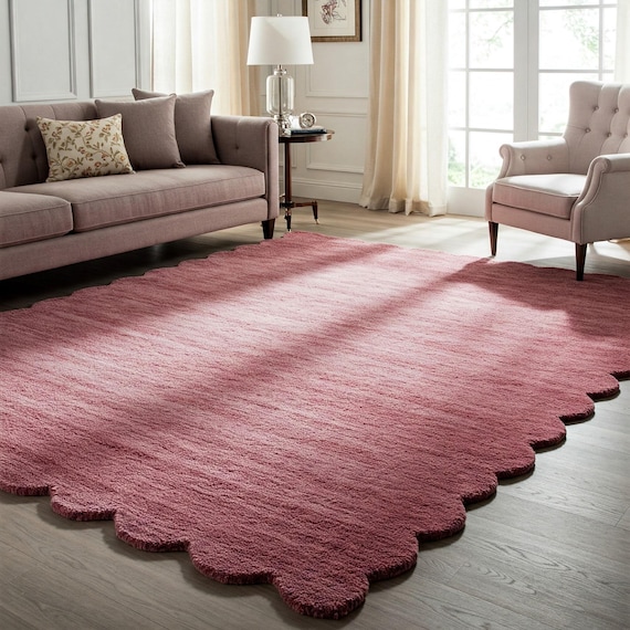 Scalloped Edge Warm Pink Tufted Rug Irregular Solid Plain Rug for Living room, Handmade Custom Large Area Wool Rugs 5x8, 6x9, 8x10, 9x12
