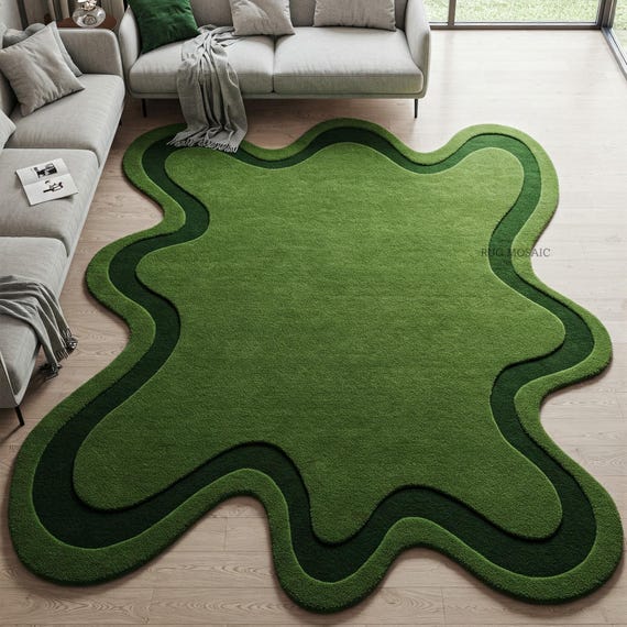 Modern green tufted rug 5x8 ,6x9,8x10 Unique shape contemporary abstract rug bedroom Customizable irregular tufted rug Handmade area carpet