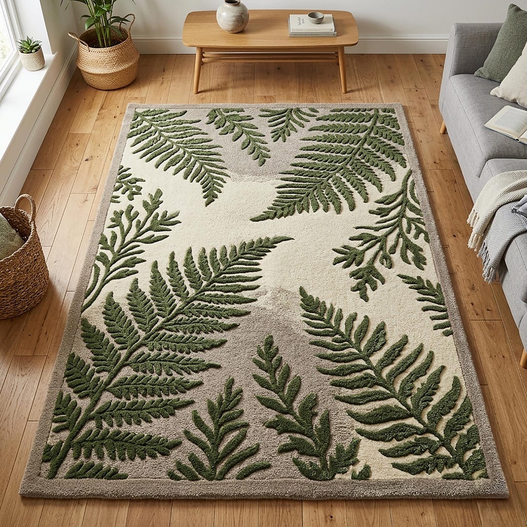 Fern Leaf Area Rug, Moss Green Nature Inspired Hand Tufted Living Room ...