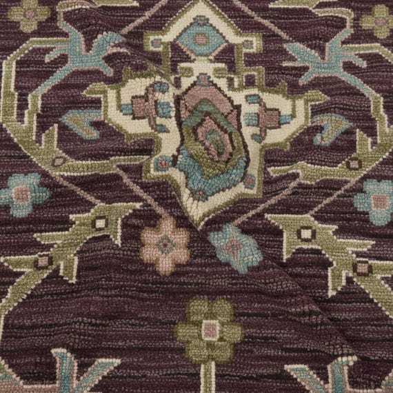 Deep Purple Ivory Medallion Oushak Rug, Hand Knotted Turkish Floral Wool Rugs for Bedroom