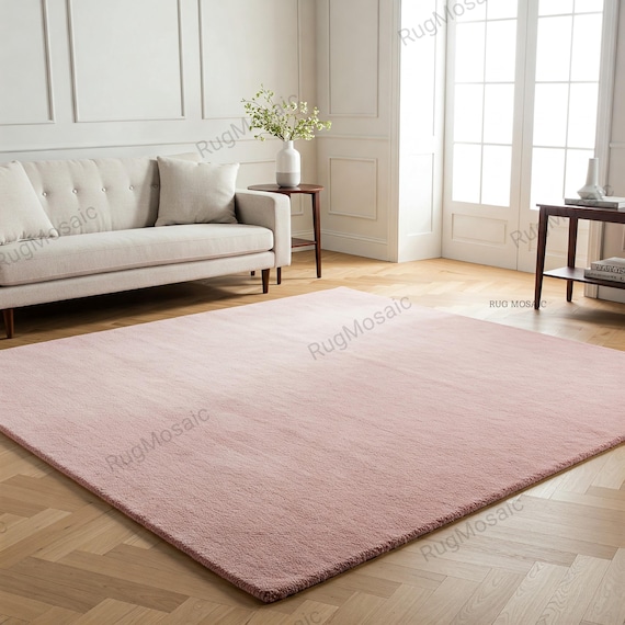 Soft Pink Hand Tufted Wool Rug, Modern Minimalist 8x10 Area Rugs for Living Room