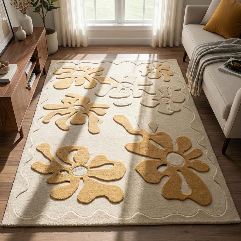 Beige Yellow Floral Tufted Wool Rug, Modern Wavy Area Rugs for Living ...