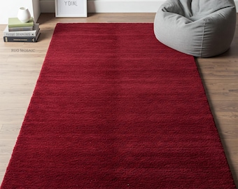 Red Wine Hand Tufted Solid Plain Area Rug 5x7, 5x8, 6x9, 8x10, 9x12 Handmade Wool Rug for Living room, Bedroom Rugs for Kids, Kitchen Runner