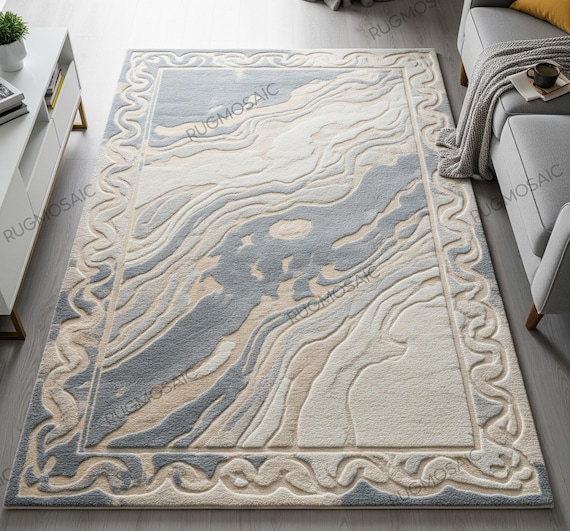 Modern Blue Cream Beige Muted Tone Hand Tufted Custom Wool Rug, Abstract Organic Design Bedroom Area Carpet, Unique Handmade Living Room Rug