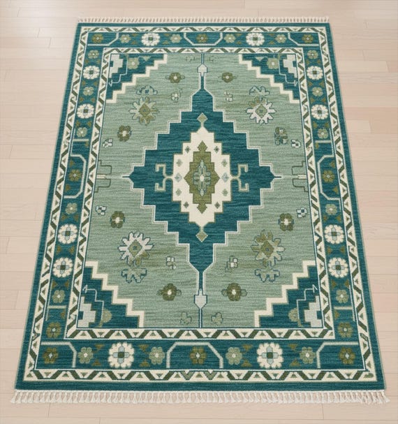 Teal Green Geometric Oushak Wool Rug, Medallion Floral Border Hand Knotted 5x8 8x10 Area Rugs For Bedroom, Traditional Tukish Knot Carpet