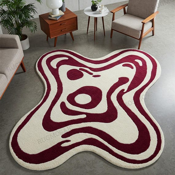 Irregular Deep Red Off White Abstract Hand Tufted Swirl Pattern Wool Area Rug for Living Room, Modern 6x9 Kids Room Rug, Handmade Custom Rug