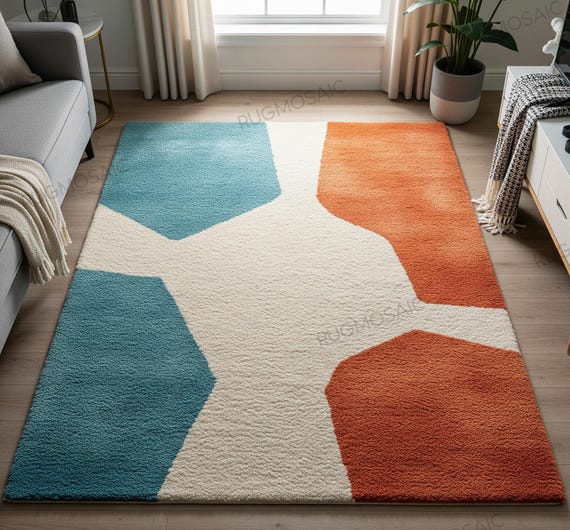 Off White Hand Tufted Abstract Teal Orange Custom Wool Area Rug for Kids Room, Modern Contemporary Unique Floor Art 6x9 8x10 Living Room Rug