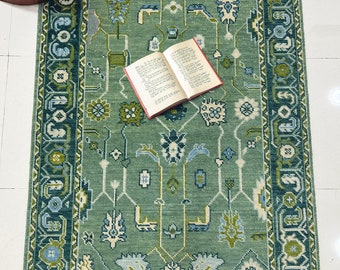 Hand Knotted Sage Green Oushak Rug | Turkish Wool Area Rugs | Floral Boho Carpet | Living Room Bedroom | Custom Size Handmade Rug