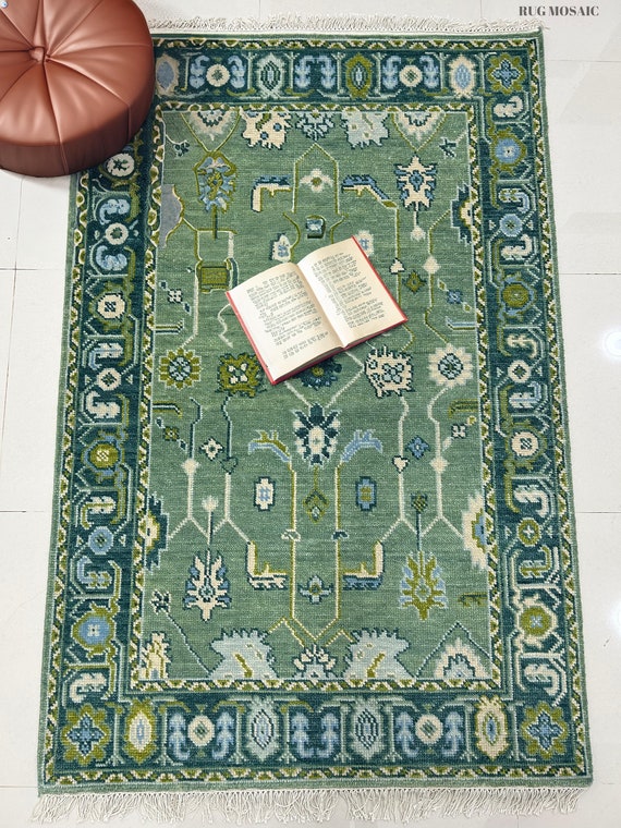Sage Green Modern Oushak Hand Knotted Colorful Floral Turkish Wool Area Rug for Living Room, Handmade Contemporary 5x8 6x9 8x10 Bedroom Rugs
