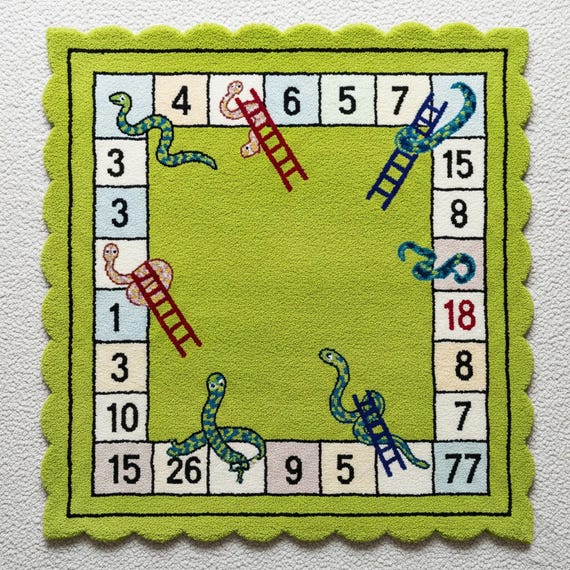 Hand Tufted Wool Rug, Snakes and Ladders Design, Scalloped Playroom Carpet