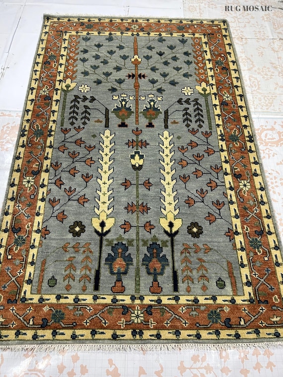 Modern Beige and Grey Floral Oushak Rug Hand Knotted Turkish Area Rugs 8X10, 9X12 living room , Bedroom and Kitchen Decor Carpet
