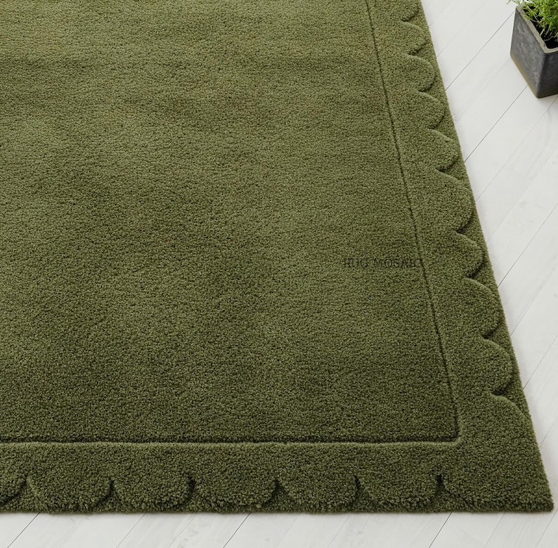 Solid Olive Green Wool Rug, Modern Hand Tufted Scalloped Area Rugs for ...