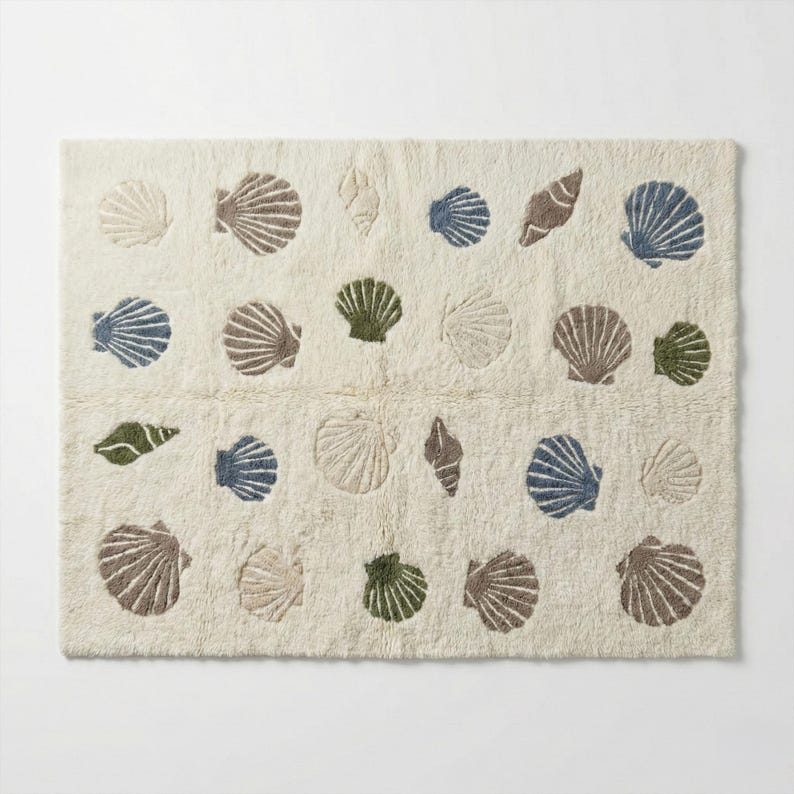 Sea Shell Patern Rug Ivory Seashell Wool Area Rug, Abstract Hand Tufted Ocean Inspired Rugs ...