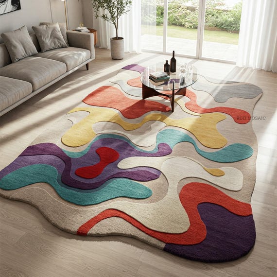 Hand Tufted Modern Art Inspired Colorful Irregular Shape Rug Living room 8x10 Handmade Large Abstract Tufted Rugs Bedroom Unique Texture Rug