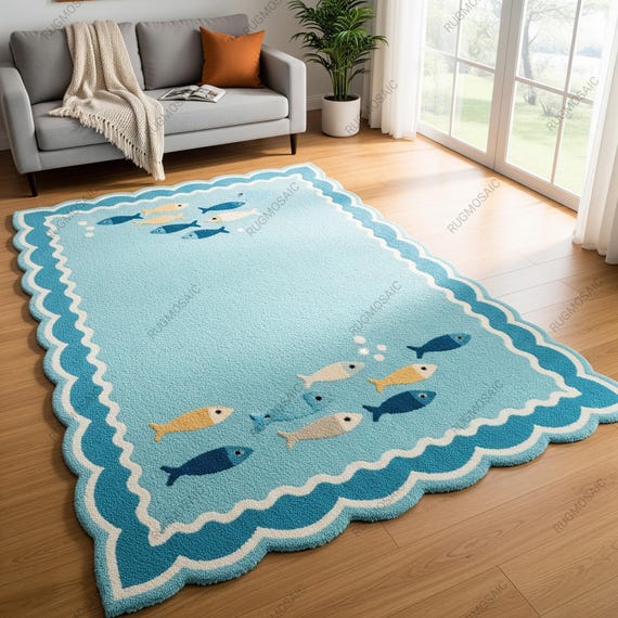 Hand Tufted Light Blue Fish Design Wool Area Rugs For Bedroom, Unique White Scalloped Bordered Living Room Rug 8x10, Custom Handmade Rug