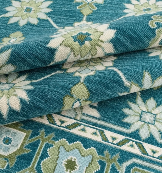 Deep Teal Oushak Wool Rugs, Hand Knotted Floral Medallion 8x10 Living Room Rug, Traditional Sage Green Accent Low Pile Bedroom Area Carpet