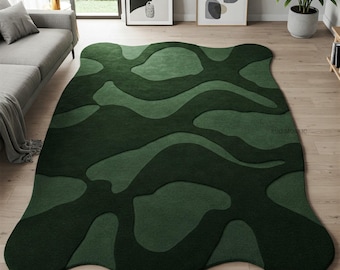 Deep Moss Green Abstract Wool Rug, Irregular Hand Tufted Area Rugs for Living Room