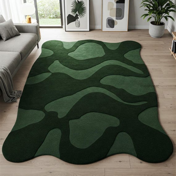 Deep Forest Olive Green Irregular Shape Modern Hand Tufted Wool Rug for Living Room, Abstract 6x9 9x12 Area Rug for Bedroom, Custom Tuft Rug