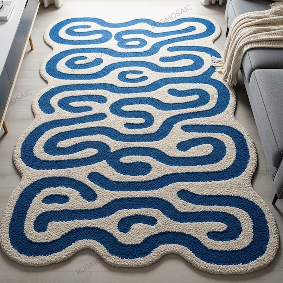 Off White Royal Blue Irregular Abstract Wavy Hand Tufted Wool Rug, Modern Unique Textured 8x10 Bedroom Rugs, Custom Floor Kitchen Runner Rug