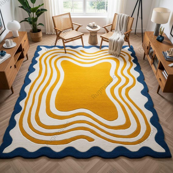 Yellow Off White Blue Abstract Hand Tufted Wavy Pattern Wool Area Rugs for Dining Room, Modern Soft Contemporary Statement Living Room Rug