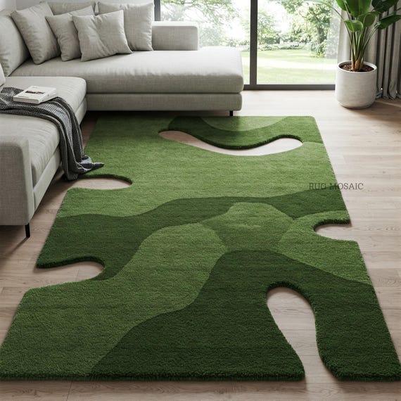 Green Hand tufted rug Modern abstract irregular Leaf design Living room Area rug 5x7, Handmade Sculpted moss green tufted rug for home decor