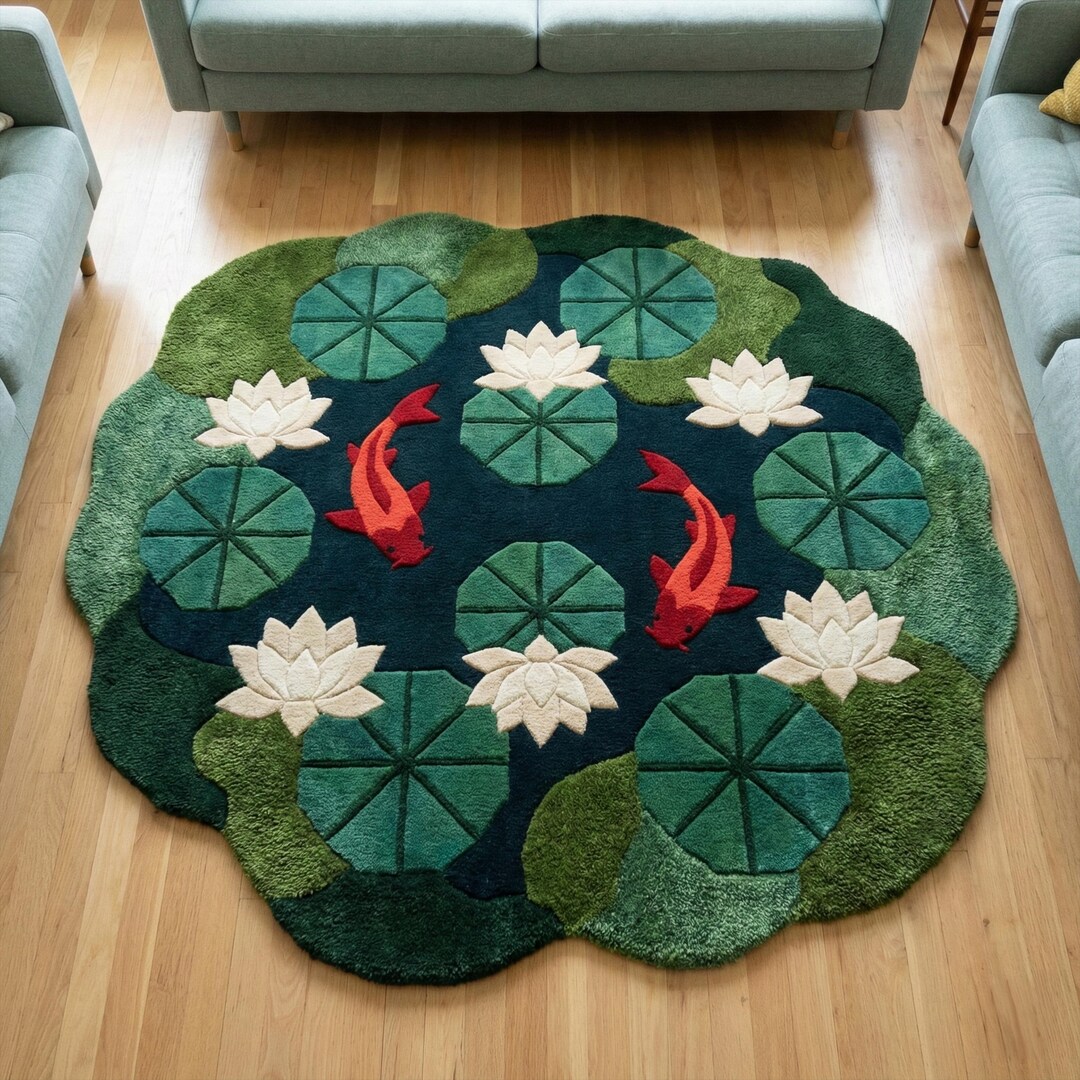 Red Koi Rug Blue Red Koi Fish Floral Wool Rug, Irregular Green Tufted Japanese Pond ...