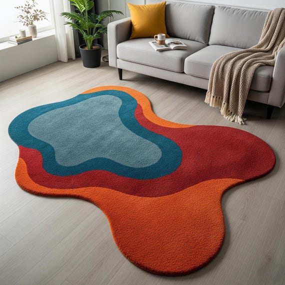 Colorful Hand Tufted Abstract Irregular Shaped Rug For Bedroom, 4x6, 5x8, 6x9, 7x10, 8x10 Living Room Rug, Custom Handmade DIning Area Rug