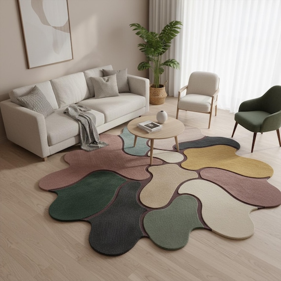 Earthy Color Irregular Hand Tufted Rug, Abstract Organic Shape Wool Area Rugs