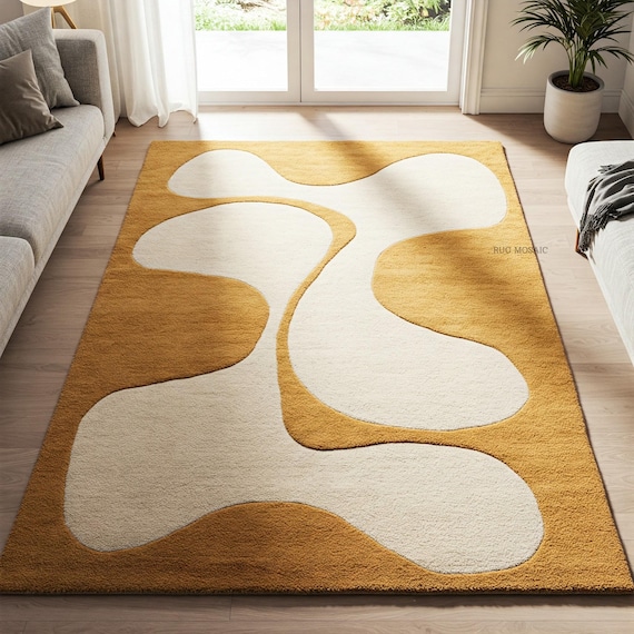 Mustard yellow and off-white abstract tufted rug 5x8, 8x10, 9x12 unique organic shape Retro style handmade area wool rug for living room