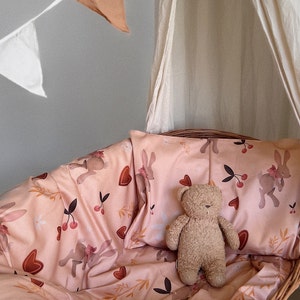 Cottage Bedding Set, Pink Duvet Cover with Pillowcases, Baby Gift Girl, Cottagecore Nursery, Rabbit Bedding Set, Rustic Nursery, Cherry Art