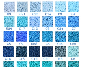 May include: A chart of 24 different colors of 2.6 mm mini beads. The beads are arranged in a grid of four rows and six columns. The colors range from light blue to dark blue.