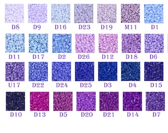 May include: A collection of 2.6 mm mini beads in various shades of purple, blue, and pink. The beads are arranged in a grid with labels for each color.