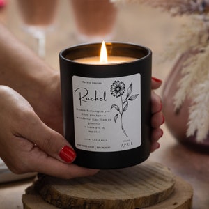 Any Month Birth Flower Birthday Gift; Personalised Birthday Candle; Handmade Soy Wax (no paraffin); Burn Time 40 to 60hrs; Matt Black