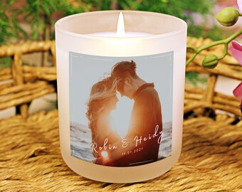 Personalised Anniversary Gift Candle with Custom Photo for Him or Her; Soy Wax (no paraffin); Burn Time 40 to 60hrs; Frosted