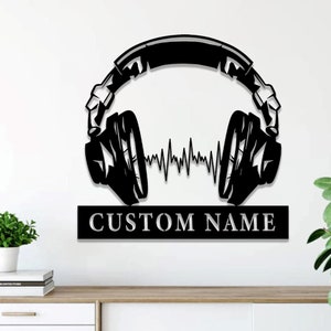 Targa da parete in metallo per cuffie personalizzate, arte in metallo per auricolari personalizzati, decorazione per gli amanti della musica, regali unici per studi di registrazione, 8-24 pollici