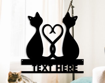 Personalized Black Couple Cat, Personalized Metal Sign, Heart-shaped Metal Wall Art, Vintage Couple Cat Wall Hanging, Anniversary Decoration