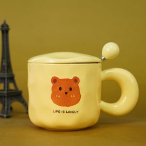 Handmade Ceramic Bear Mug With Lid and Tea spoon,Cute Bear Gift for Birthday, Anniversary, or Coffee Lovers,Cute Mug,Bear Lovers Gift