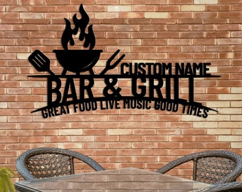 Personalized BBQ Grill Metal Sign: Custom Bar & Grill Wall Art