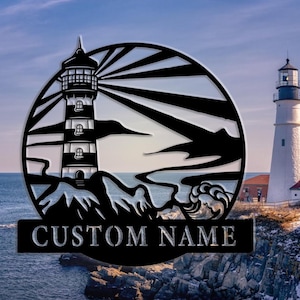 Personalized Lighthouse Metal Wall Art, Custom Lighthouse Metal Wall Sign, Lighthouse Name Sign, Beach House Sign, Lake Decor, 8-24 Inch
