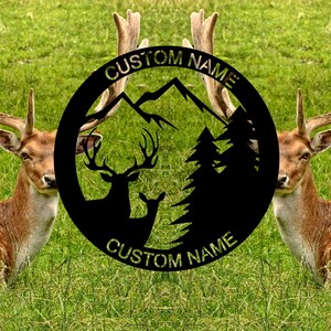Benutzerdefinierte Hirsch Metallschild, Namensschild Hirsch Wanddekor, personalisierte Elch und Berg Wandkunst, Outdoor-Jäger-Jagd, Elch-Liebhaber-Geschenk, 20-24 Zoll