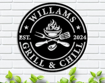 BBQ Grill Sign, Metal Wall Art, Grill Schild Decor, BBQ Metal Sign, Grill Chill Decor, father&#39;s BBQ, Smoker and Grilling Gift, Gift For Him