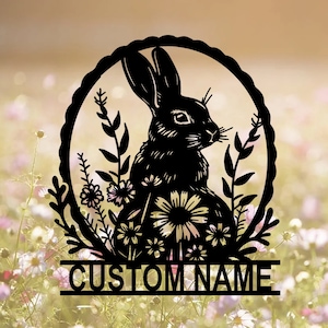 Decorazione murale in metallo personalizzata a forma di coniglio, targa in metallo con nome di coniglio, decorazione in metallo per la famiglia a forma di coniglio, decorazione da giardino, decorazione in metallo per il giardino, regalo da giardino, 8-24 pollici
