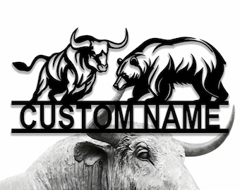 Custom Bull and Bear Metal Wall Sign, Bull and Bear Metal Wall Decor, Office Decor, Office Gift, Living Room Decor, Stock Sign, 8-24 Inch