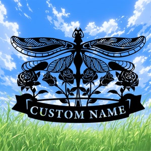 Dragonfly Flower Metal Wall Sign, Custom Dragonfly Wall Decor, Metal Family Name Sign with Dragonfly, Gardening Gift, Garden Sign, 8-24 Inch