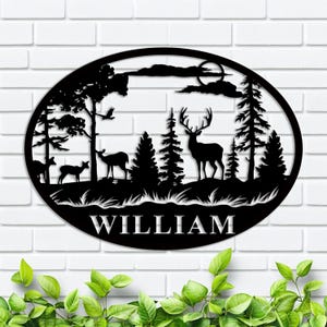 Cartello da parete in metallo con cervo personalizzato / Decorazione da parete in metallo con cervo / Cartello con alce / Decorazione per cameretta dei bambini / Decorazioni da parete con cervo nella foresta / 8-24 pollici
