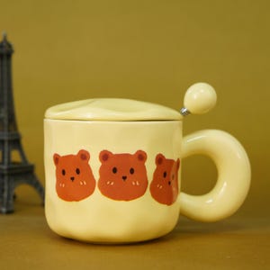Handmade Ceramic Bear Mug With Lid and Tea spoon,Cute Bear Gift for Birthday, Anniversary, or Coffee Lovers,Cute Mug,Bear Lovers Gift