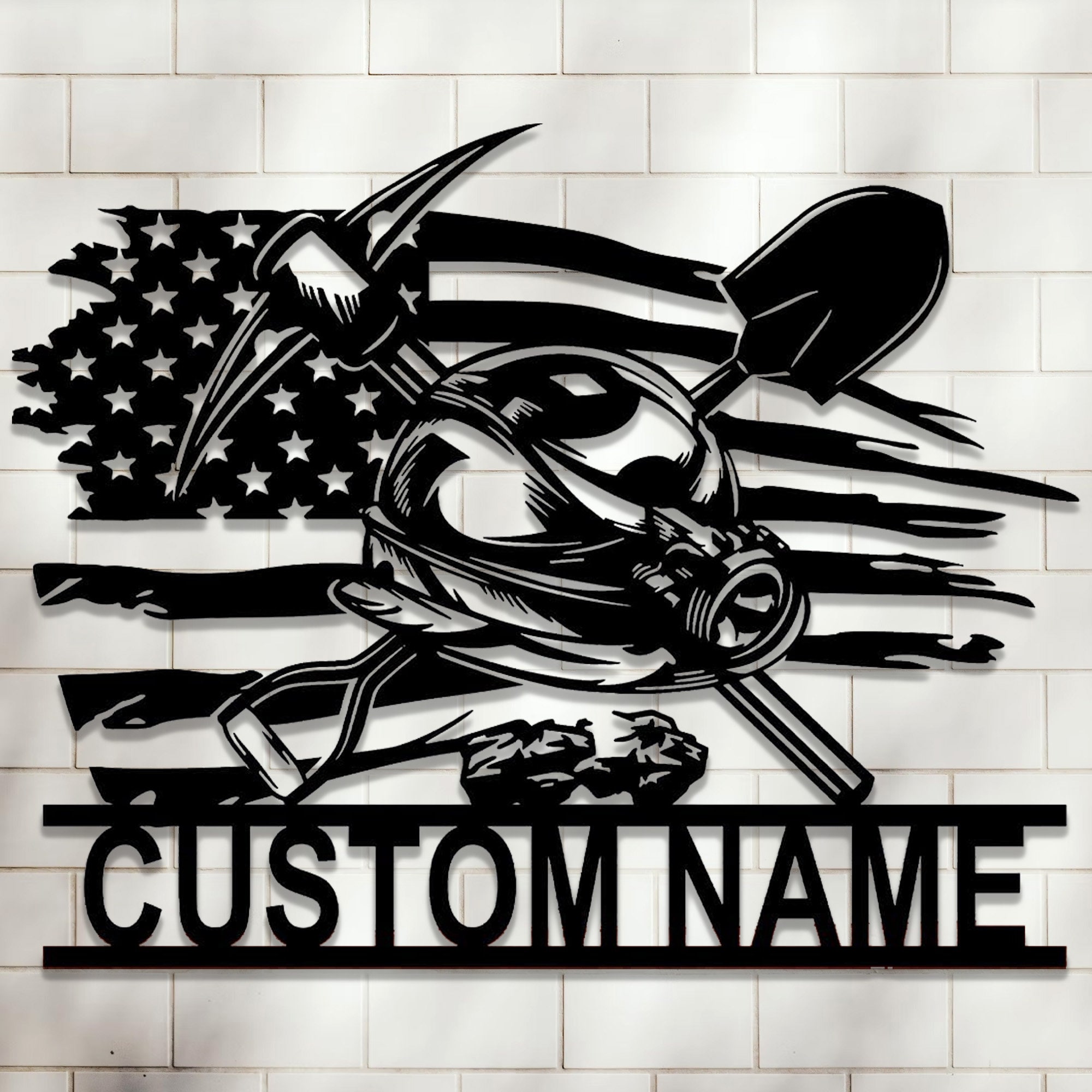 Personalized Miner Metal Name Sign | Custom Coal Mine US Flag Metal Wall Art | Miner Cave Decor | Gift For Him | 8-24“